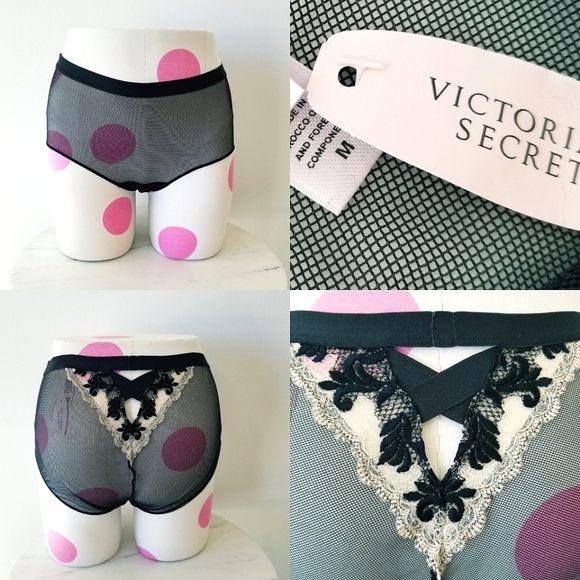 Victoria's Secret Vintage Crisscross Cutouts Embroidered Fishnet Black Panty NWT